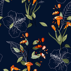 Fototapeta na wymiar Vintage background. Wallpaper. Blooming realistic isolated flowers. Hand drawn. Vector illustration. Trendy Seamless flower pattern.