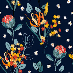 Obraz premium Blooming realistic isolated flowers. Hand drawn. Vector illustration. Retro Wild seamless flower pattern. Vintage background. Wallpaper.