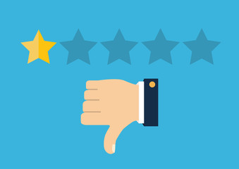 Customer review concept. Vector. Rating golden stars. Feedback, reputation and quality concept. Hand pointing, finger pointing to five star rating.