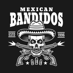 Skull in sombrero with two crossed pistols emblem