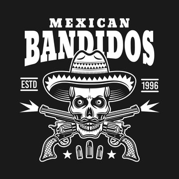 Skull in sombrero with two crossed pistols emblem