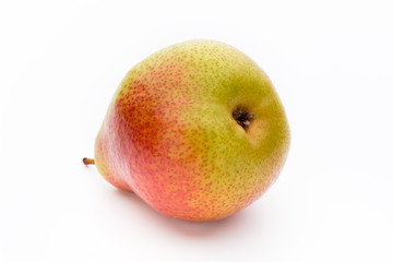 Fresh bio pear with leaves on isolated white background.