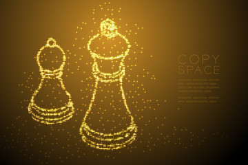 Abstract Shiny Bokeh star pattern Chess Queen and pawn shape, Business strategy concept design gold color illustration isolated on brown gradient background with copy space, vector eps 10