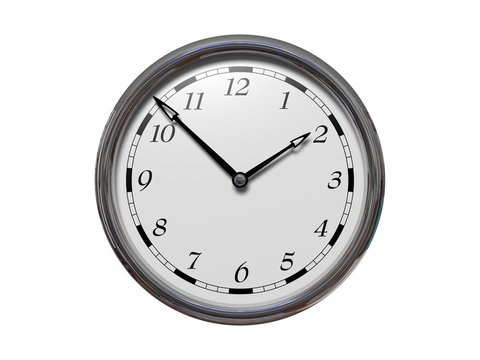 Large clock face with hands that mark the hours on white background