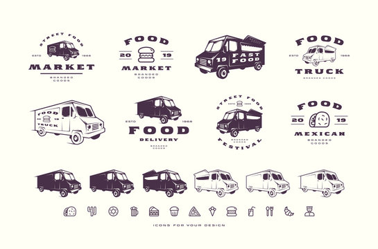 Set of emblems and logo for street food market, festival, delivery