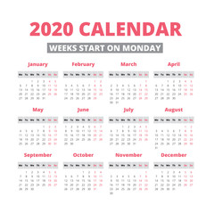 Simple 2020 year calendar