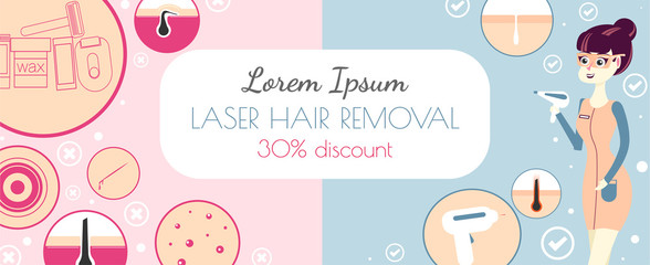 laser hair removal or photoepilation. Template of a banner for advertising of a salon of a laser cosmetology. IPL beauty procedure