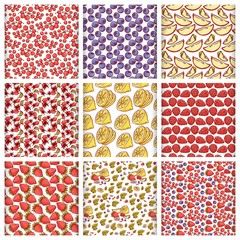 Vector set fruits and berries seamless pattern. Sketch hand draw outline illustration on white background.