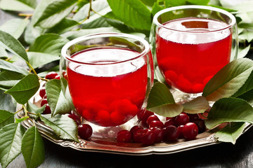 Glass of cherry  drink on dark  background.