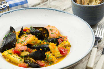 Homemade italian seafood cioppino. Seafood stew.  Bouillabaisse 