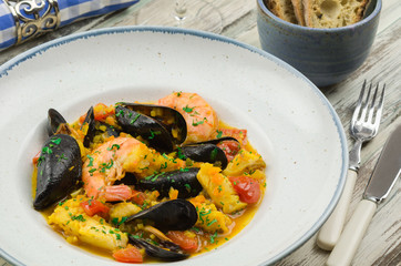 Homemade italian seafood cioppino. Seafood stew.  Bouillabaisse 