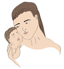 Mother and her son.

Mother hugging her son with her hand.
illustration of mother and her sleeping baby.