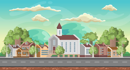 Vector game background. Landscape orientation. Panorama with colorful city.