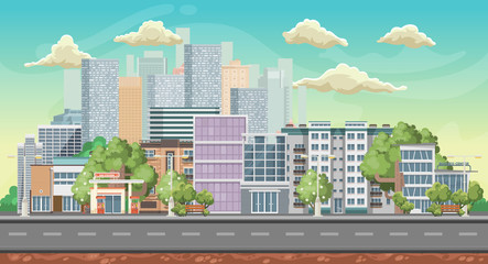 Vector game background. Landscape orientation. Panorama with colorful city.