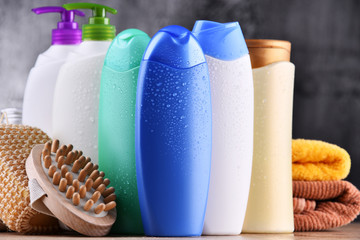Plastic bottles of body care and beauty products