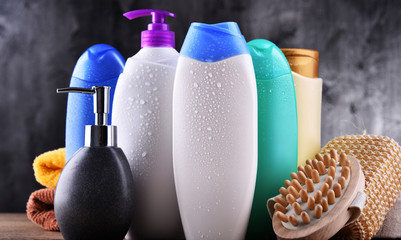 Plastic bottles of body care and beauty products
