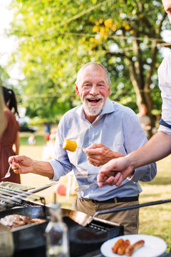 A Senior Man Standing By The Grill, Holding Corn On A Barbecue Party.