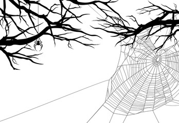 halloween theme black and white vector background with spider web and bare tree branches
