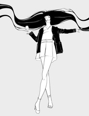 Stylish fashion model with long hair. Pretty young girl. Fashion girl Sketch