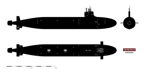 Fototapeta premium Black silhouette of submarine. Military ship. Top, front and side view. Battleship model. Industrial drawing. Warship image
