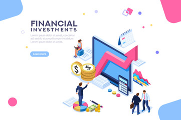 Balance financial value, management and administration concept. Characters, people engineering a plan. Statistic, calculating financial risk graph. Flat Isometric characters vector illustration.