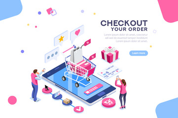 Order online concept with character. Customer order, online infographic. Isometric package sell, paying on screen purchase now discount. Flat Isometric characters illustration. Landing page for web.
