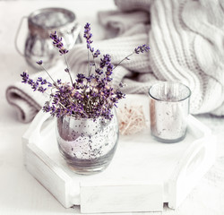 still life with lavender in a glass