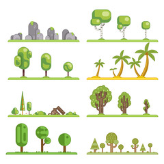 Mobile game tree icons set forest nature landscape construction elements flat design concept vector illustration