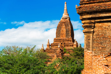 View of the ancient pagoda in Bagan, Myanmar. Copy space for text.