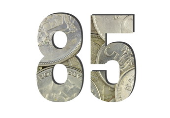 85 3d Number Shiny silver coins textures for designers. White isolated