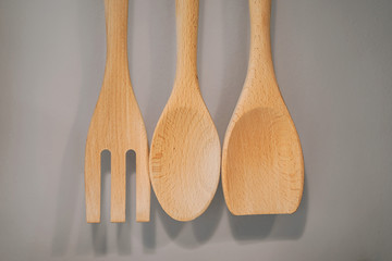Set of wooden kitchen utensils.