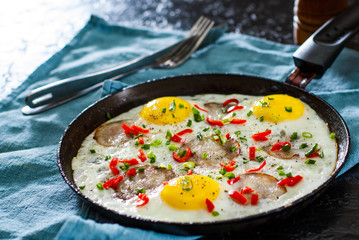 fried egg with ham sausage and pepper in a frying pan on table