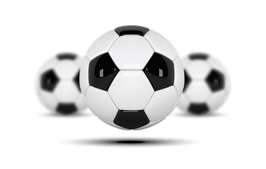 Realistic soccer balls or football ball on white background. Set of three 3d Style vector Ball isolated on white background. Football design with blurred balls