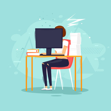 Woman sitting at the computer, a lot of work, office, interior. Flat design vector illustration.