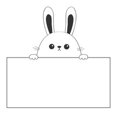 Rabbit happy face head icon hanging on paper board template. Paw hands. Contour line. Funny baby hare. Cute cartoon character. Love card. Kawaii animal. Flat design White background