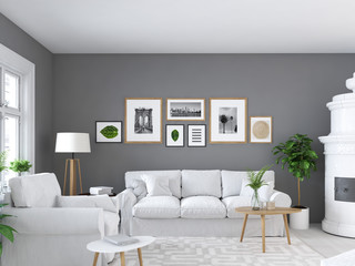 living room with picture frames and fireplace. 3d rendering