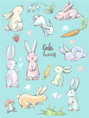 Big collection of cute cartoon style hares in different positions , bunnies with carrots, hearts, mushroom, grass, flowers, strawberry and lily of the valley