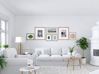 Fototapeta premium living room with picture frames and fireplace. 3d rendering