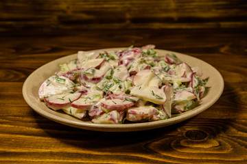 Vegetarian salad with radish, green onion and sour cream on a ceramic plate