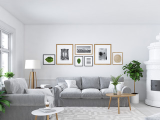 living room with picture frames and fireplace. 3d rendering