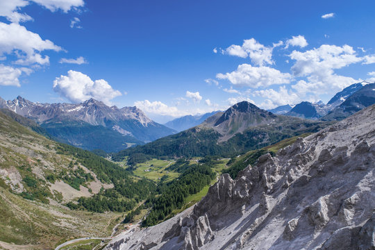 Mountains and valleys, tourist destination near Livigno. I gessi, Forcola pass. 