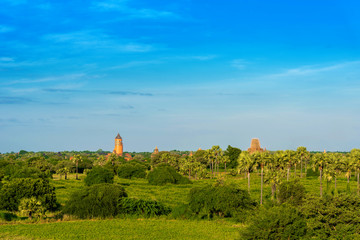 Fototapeta na wymiar View of the landscape and pagodas in Bagan, Myanmar. Copy space for text.