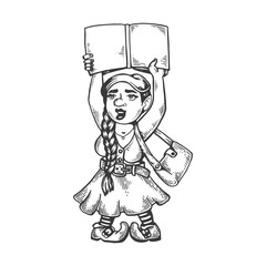 Gnome girl engraving vector illustration