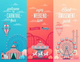 Deurstickers Set of Amusement park landscape banners with carousels, © avian