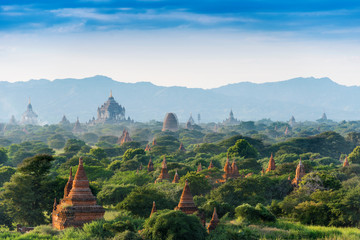 View of ancient pagodas in Bagan, Myanmar. Copy space for text. - obrazy, fototapety, plakaty