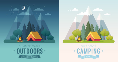 Summer Camping morning and night graphic posters. Banners with mountains, trees, tent and campfire. © avian