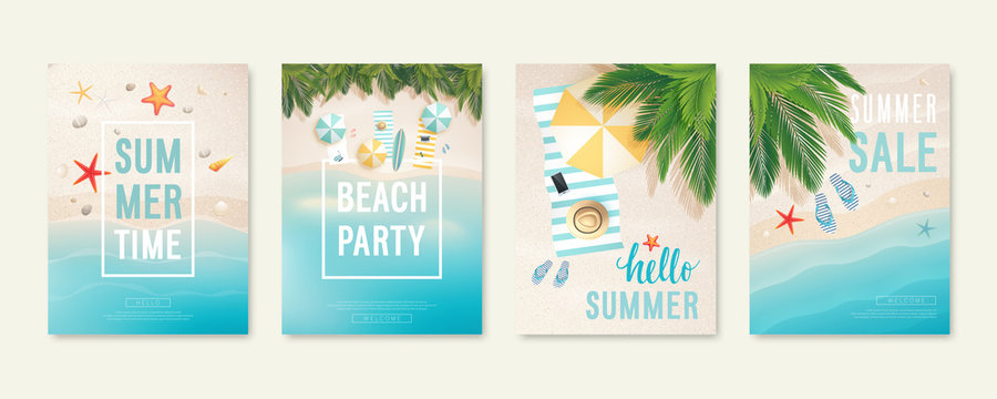 Tropical beach cards with sand, sea and palm trees. Summer flyers with starfish, flip flops and beach umbrellas.