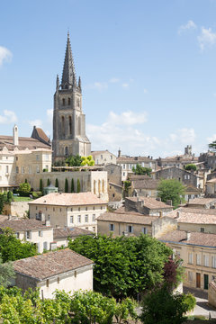 View of the bell tower of the monolithic church in Saint Emilion, Bordeaux, France UNESCO World Heritage site