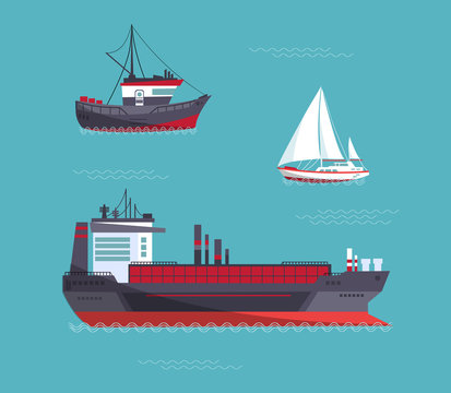 A yacht, a cargo ship, a fishing vessel in one collection. Vector illustration.