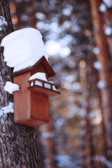 Birdhouse covered with snow hanging on a tree